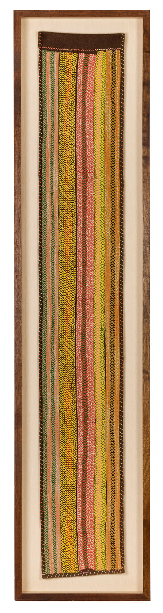 Lot 69 MARION TUU'LUQ, R.C.A. (1910-2002) QAMANI'TUAQ (BAKER LAKE) Abstract Textile, c. 1971-2 stroud, felt, embroidery floss, and cotton thread, 56 x 9 in (142.2 x 22.9 cm) ESTIMATE: $7,000 — $10,000 Price realized: $9,760.00