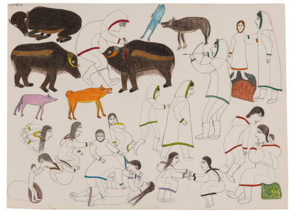 JANET KIGUSIUQ (1926-2005) QAMANI'TUAQ (BAKER LAKE) Busy Camp Life (Traditional Activities) 1975 graphite coloured pencil on heavy wove BFK Rives watermarked paper, 22 x 30 in (55.9 x 76.2 cm)