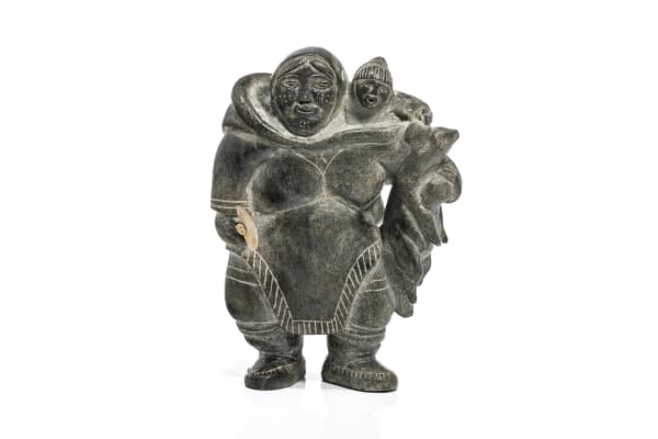 Lot 54 JOHNNY PILURTUUT (1928-D) KANGIQSUJUAQ (WAKEHAM BAY) Mother and Child with Fox, c. late 1960s stone and antler, 9.25 x 7 x 4.5 in (23.5 x 17.8 x 11.4 cm) ESTIMATE: $1,000 — $1,500 PRICE REALIZED: $1,020.00