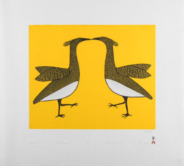 Lot 4 OHOTAQ MIKKIGAK (1936-2014) KINNGAIT (CAPE DORSET) Kunik (Kiss), 2010 #31 stonecut on Kizuki Kozo white paper, 18 x 19.5 in (45.7 x 49.5 cm) ESTIMATE: $350 — $500 PRICE REALIZED: $341.60