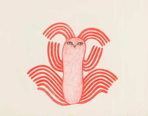 Lot 23 LUCY QINNUAYUAK (1915-1982) KINNGAIT (CAPE DORSET) Untitled Drawing (Excited Owl), c. 1977-78 coloured pencil and grease pencil [?] on paper, 20.25 x 26 in (51.4 x 66 cm) ESTIMATE: $1,200 — $1,800 PRICE REALIZED: $1,080.00