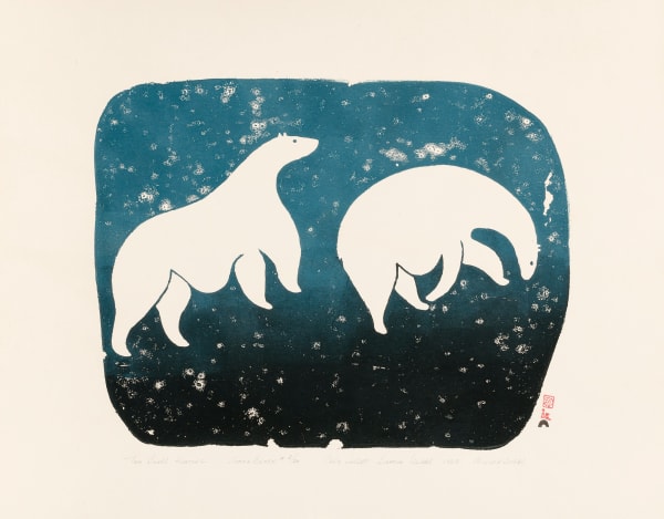 Lot 93 NIVIAQSI (NIVIAKSIAK) (1908-1959) KINNGAIT (CAPE DORSET) Two Bears Hunting, 1959 (Dorset Series) stonecut, 16.5 x 21 in (41.9 x 53.3 cm) ESTIMATE: $6,000 — $9,000 PRICE REALIZED: $11,590.00