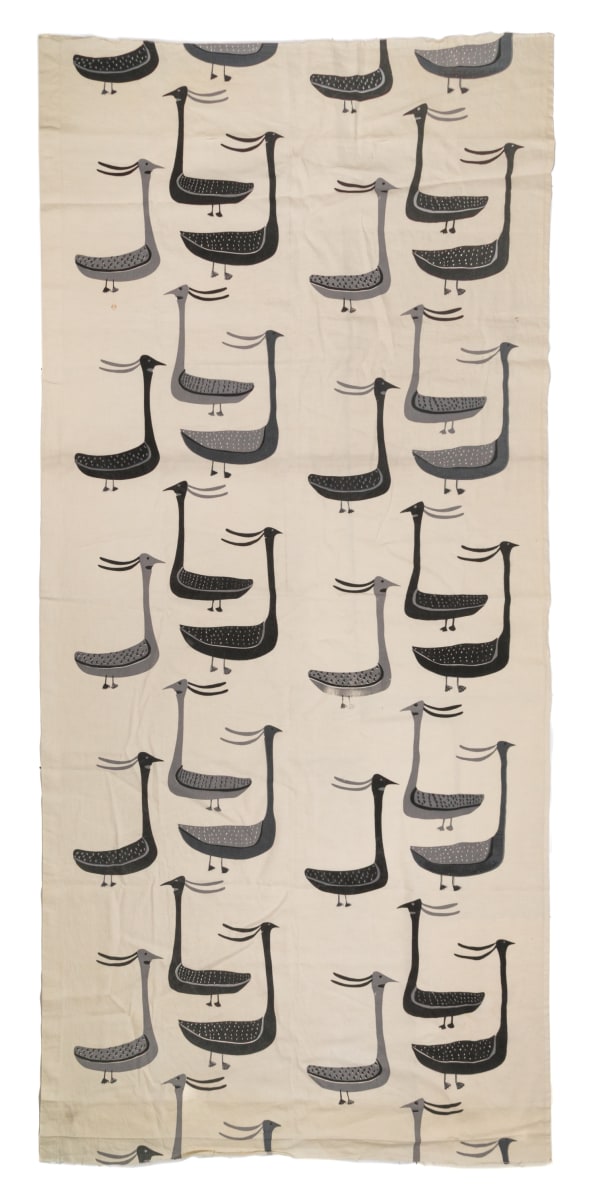 Lot 32 ANIRNIK OSHUITOQ (1902-1983) KINNGAIT (CAPE DORSET) Fabulous Geese, c. 1965 silkscreen on linen fabric, 49 x 106.5 in (124.5 x 270.5 cm) ESTIMATE: $1,500 — $2,500 PRICE REALIZED: $1,586.00