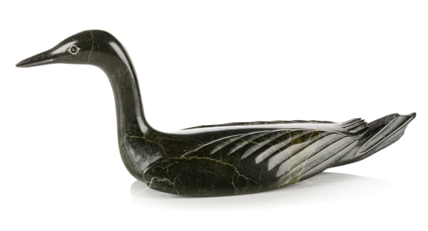 Lot 49 SHEOKJUK OQUTAQ (1920-1982) KINNGAIT (CAPE DORSET) Swimming Loon, early 1970s stone, 4.25 x 10.25 x 3 in (10.8 x 26 x 7.6 cm) ESTIMATE: $1,200 — $1,800