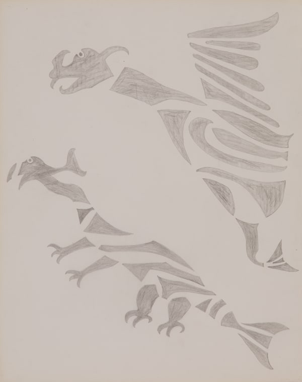SHEOUAK PETAULASSIE (1918-1961) KINNGAIT (CAPE DORSET) Two Creatures in Flight, c. 1960 graphite on paper wove, 21 x 16.5 in (53.3 x 41.9 cm)