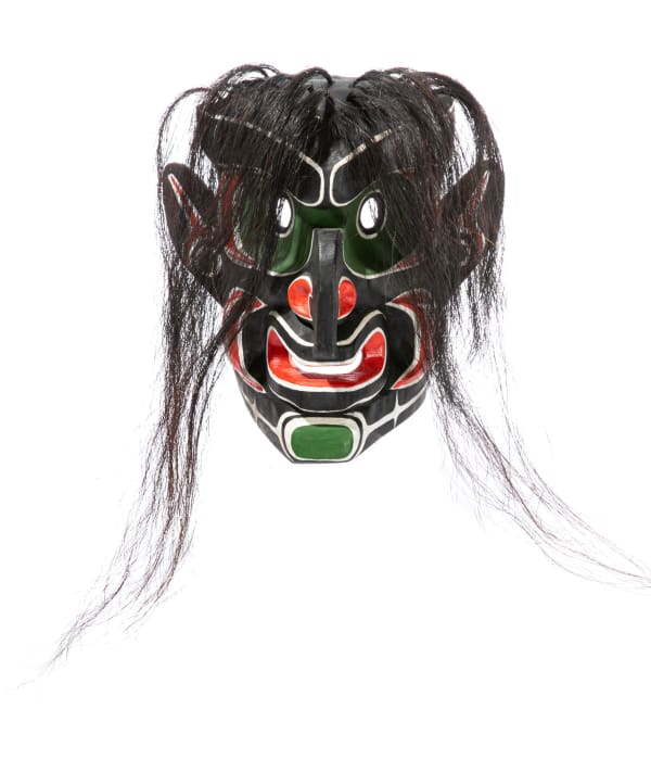 Lot 41 BEN "BLACKIE" DICK SR., KWAKWA̱KA̱ʼWAKW Mask wood, hair, and pigment, 10.5 x 10 x 5.5 in (26.7 x 25.4 x 14 cm) PRICE REALIZED: $492.00