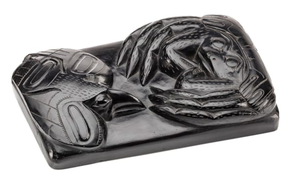 Lot 124 UNIDENTIFIED HAIDA ARTIST Raven and Crab Plaque, c. 1880s argillite, 2 x 9 x 5.5 in (5.1 x 22.9 x 14 cm) ESTIMATE: $6,000 — $9,000 PRICE REALIZED: $4,800.00