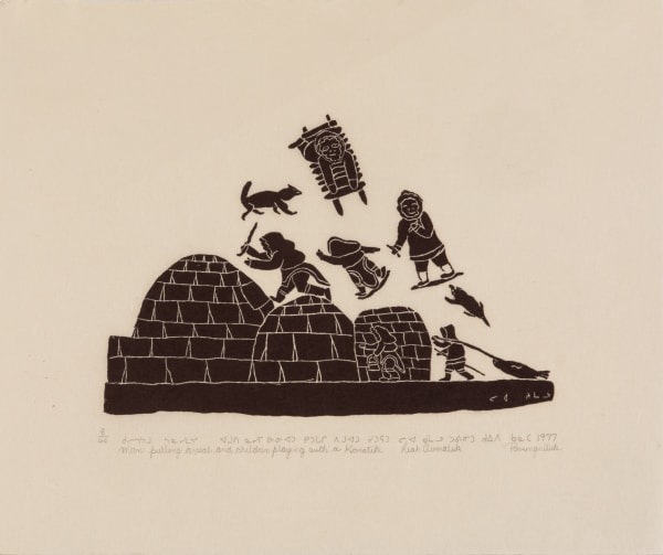 LEAH QUMALUK (1934-2010) PUVIRNITUQ (POVUNGNITUK) Man Pulling a Seal and Children Playing with a Komatik, 1977 #12 stonecut, 15.5 x 19 in (39.4 x 48.3 cm)