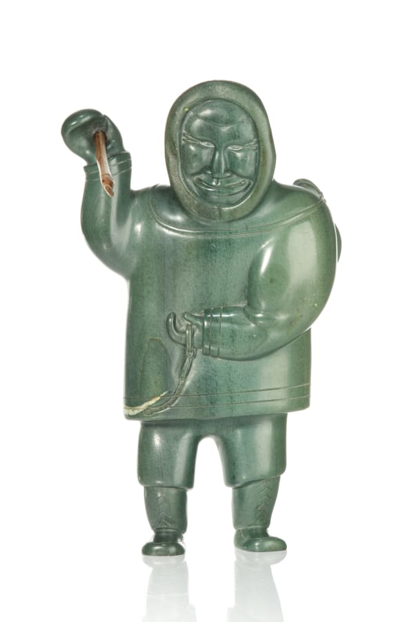 LOT 121 JOHNNY MEEKO SR. (1933-) SANIKILUAQ (BELCHER ISLANDS) Happy Hunter with Caught Fox, c. 1960s stone and wood, 9.25 x 5.5 x 3 in (23.5 x 14 x 7.6 cm) ESTIMATE: $500 — $800 PRICE REALIZED: $408.00