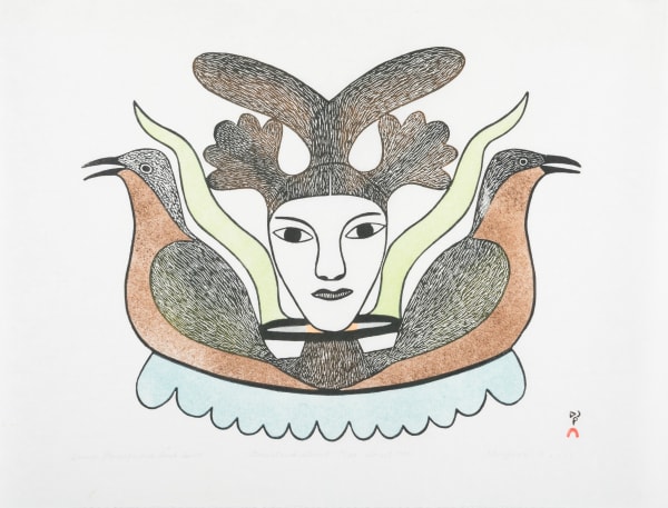 Lot 9 KENOJUAK ASHEVAK, C.C., R.C.A. (1927-2013) KINNGAIT (CAPE DORSET) Summer Ptarmigan and Land Spirit, 1980 #12 stonecut and stencil, 18 x 24 in (45.7 x 61 cm) ESTIMATE: $500 — $800 PRICE REALIZED: $660.00