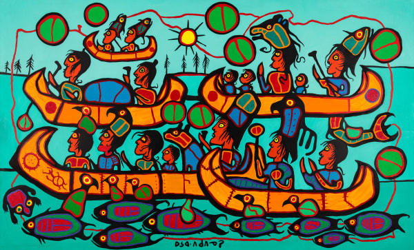 Lot 63 NORVAL MORRISSEAU, C.M. (1931-2007) ANISHINAABE (OJIBWE) The Great Migration of the Ojibwa People, 1989 acrylic on canvas, 56.5 x 92.5 in (143.5 x 235 cm) ESTIMATE: $90,000 — $120,000 PRICE REALIZED: $192,000.00
