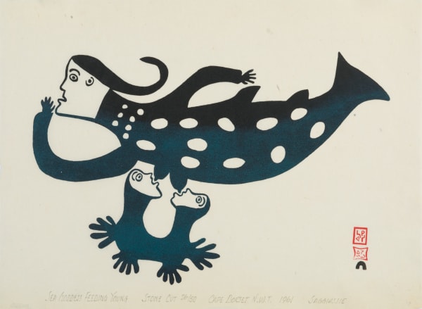 Lot 30 SAKIASSIE RAGEE (1924-2003) KINNGAIT (CAPE DORSET) Sea Goddess Feeding Young, 1961 #37 stonecut, 12 x 16 in (30.5 x 40.6 cm) ESTIMATE: $2,000 — $3,000 PRICE REALIZED: $1,920.00