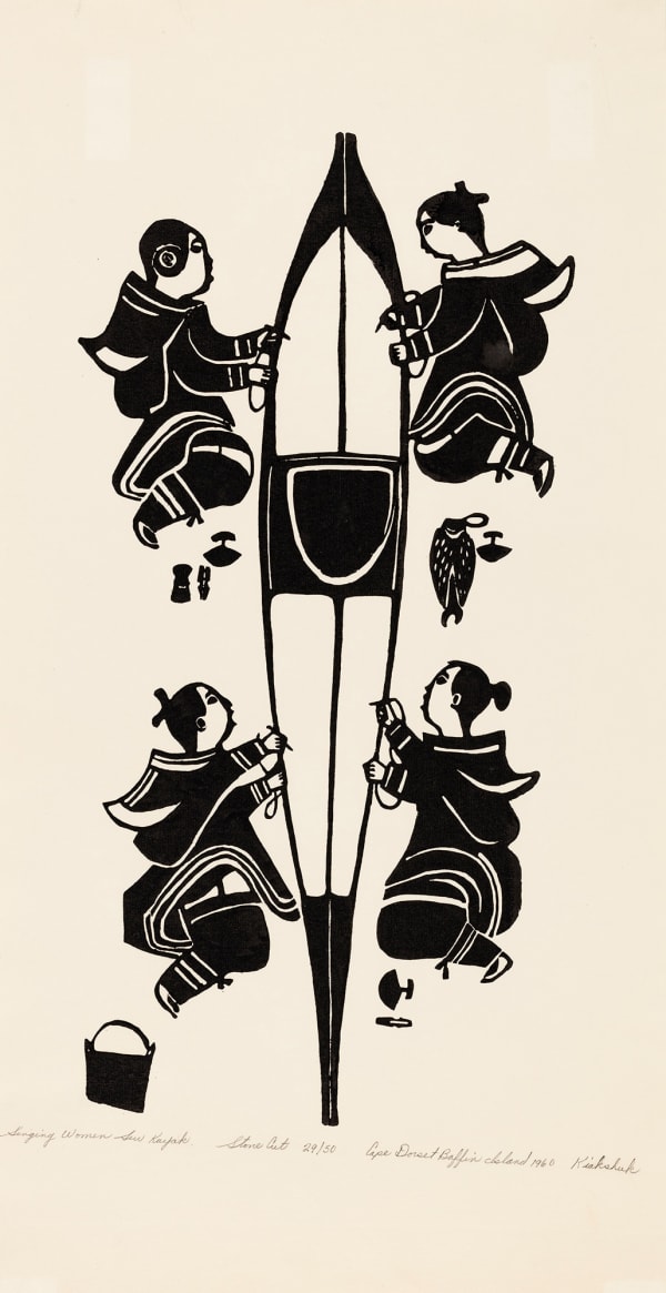 Lot 33 KIAKSHUK (1886-1966) KINNGAIT (CAPE DORSET) Singing Women Sew Kayak, 1960 #29 stonecut (linocut?), 25 x 13 in (63.5 x 33 cm) ESTIMATE: $3,000 — $5,000 PRICE REALIZED: $3,120.00