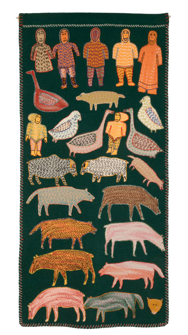 Lot 32 ELIZABETH ANGRNAGANGRNIQ (1938-) QAMANI'TUAQ (BAKER LAKE) Untitled Work on Cloth (Inuit and Animals), c. late 1970s duffel, felt, embroidery floss, and cotton thread, 57 x 27 in (144.8 x 68.6 cm) ESTIMATE: $1,200 — $1,800 PRICE REALIZED: $3,050.00