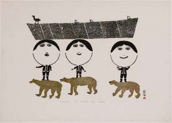LOT 141 KINGMEATA ETIDLOOIE (1915-1989) KINNGAIT (CAPE DORSET) The Bear Race, 1973 #64 stonecut, 24 x 34 in (61 x 86.4 cm) ESTIMATE: $200 — $300 PRICE REALIZED: $120.00