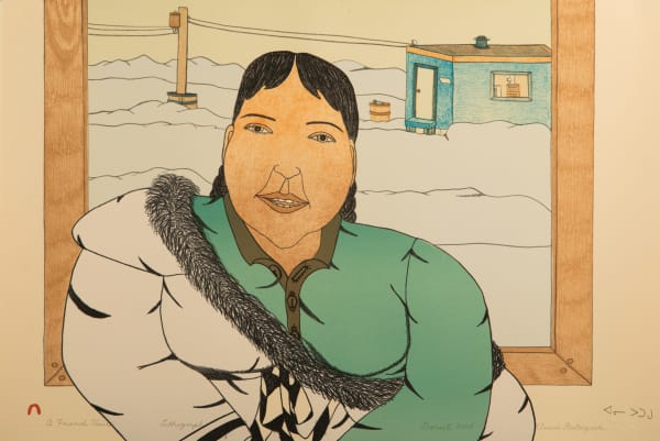 Lot 4 ANNIE POOTOOGOOK (1969-2016) KINNGAIT (CAPE DORSET) A Friend Visits, 2008 #1 lithograph, 14.75 x 22.25 (37.5 x 56.5 cm) ESTIMATE: $800 — $1,200 PRICE REALIZED: $1,708.00