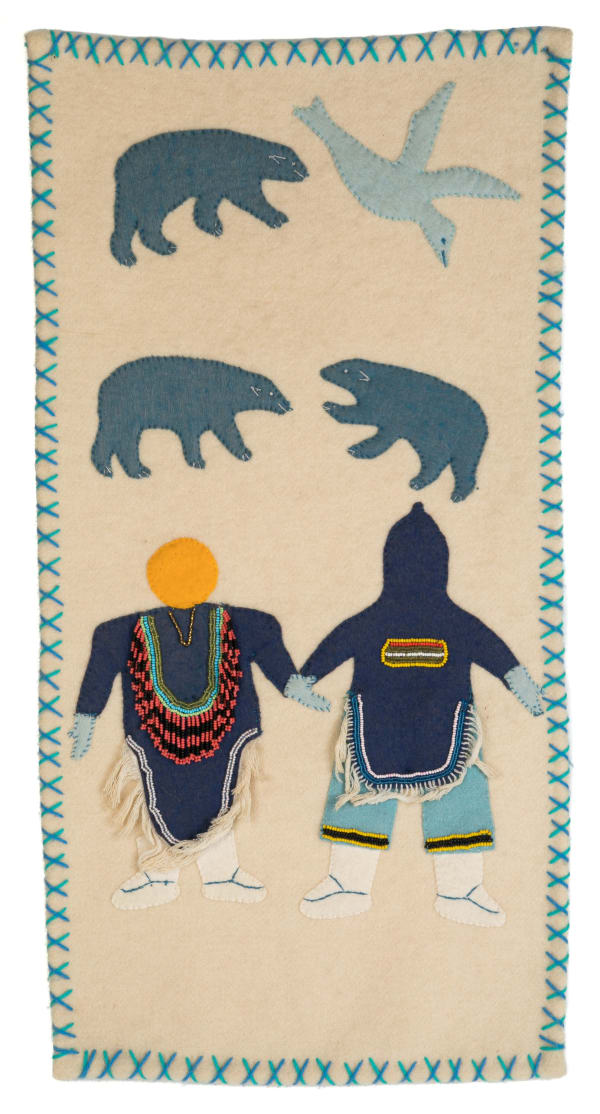 Lot 109 Possibly ANNIE ALlKASHUAK SEWOEE (1936-) ARVIAT (ESKIMO POINT) Friends Observing Wildlife, May 1989 stroud, felt, glass beads, cotton thread, 27 x 13 in (68.6 x 33 cm) ESTIMATE: $300 — $500 PRICE REALIZED: $240.00