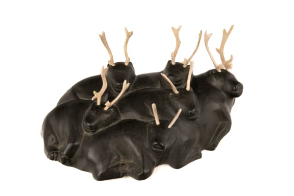 Lot 107 MATHEW AQIGAAQ (1940-2010) QAMANI'TUAQ (BAKER LAKE) Heaping Herd of Resting Caribou, c. early 1970s stone and antler, 7.25 x 15.5 x 9.5 in (18.4 x 39.4 x 24.1 cm) ESTIMATE: $4,000 — $6,000
