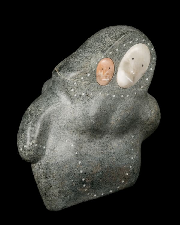 Lot 48 MATIUSIE IYAITUK (1950-) IVUJIVIK Proud Grandmother with Grandchild, 1997 stone and inlay, 14 x 13 x 7.75 in (35.6 x 33 x 19.7 cm) ESTIMATE: $2,500 — $3,500 PRICE REALIZED: $2,440.00