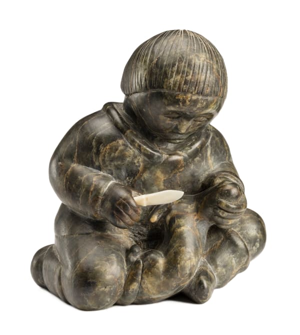 Lot 147 SIMON KASUDLUAK (1925-D) INUKJUAK (PORT HARRISON) Young Boy Skinning an Ermine, mid-late 1950s stone, 5.25 x 4.25 x 3.25 in (13.3 x 10.8 x 8.3 cm) ESTIMATE: $1,000 — $1,500 Price Realized: $1,080
