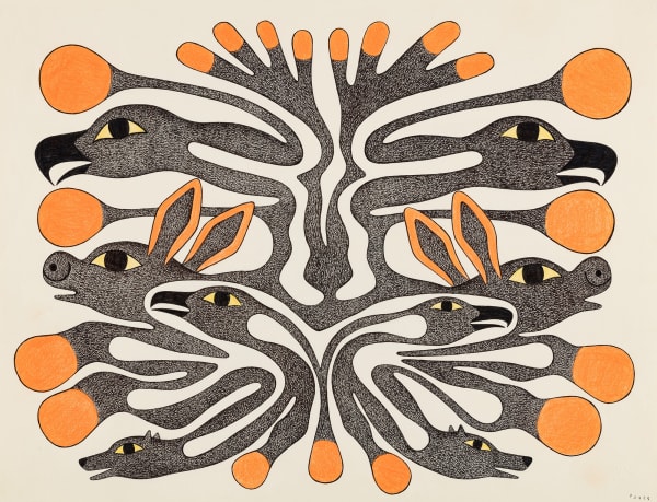 Lot 84 KENOJUAK ASHEVAK, C.C., R.C.A. (1927-2013) KINNGAIT (CAPE DORSET) Composition with Arctic Hare, Wolves, and Birds, c. 1997-98 ink and coloured pencil on paper, 20 x 26 in (50.8 x 66 cm) ESTIMATE: $5,000 — $8,000 PRICE REALIZED: $6,710.00