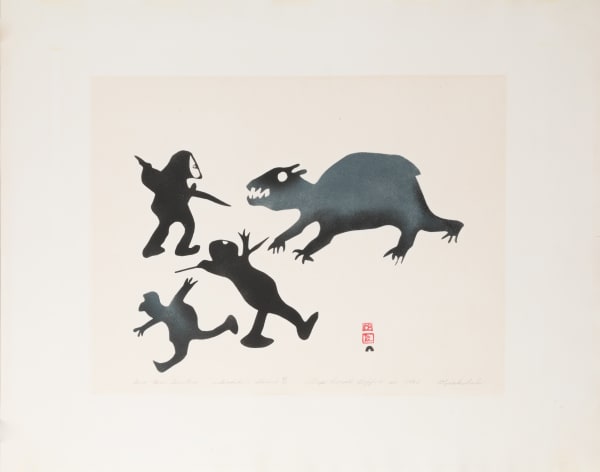 Lot 32 KIAKSHUK (1886-1966) KINNGAIT (CAPE DORSET) Three Bear Hunters, 1960 #28 sealskin stencil, 19.5 x 24.5 in (49.5 x 62.2 cm) ESTIMATE: $1,200 — $1,800 PRICE REALIZED: $1,098.00