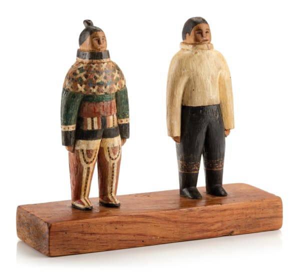 Lot 78 UNIDENTIFIED GREENLANDIC ARTIST Two Standing Figures on Base, c. 1940s or 1950s carved wood, and paint, 4.75 x 5.75 x 2 in (12.1 x 14.6 x 5.1 cm) ESTIMATE: $500 — $800 PRICE REALIZED: $427.00