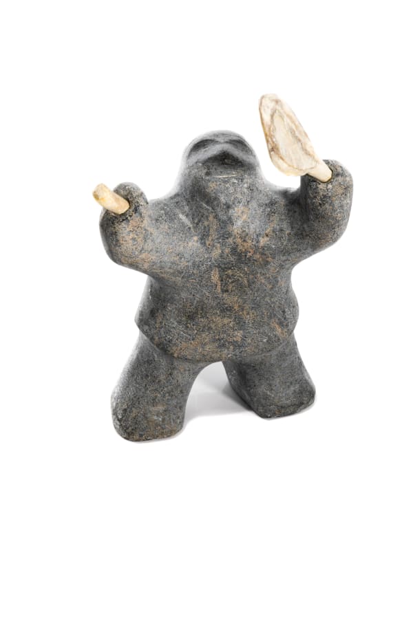 Lot 24 BARNABUS ARNASUNGAAQ (1924-2017) QAMANI'TUAQ (BAKER LAKE) Drum Dancer, c. 1990 stone and antler, 6.25 x 5.5 x 3.5 in (15.9 x 14 x 8.9 cm) PRICE REALIZED: $518.60