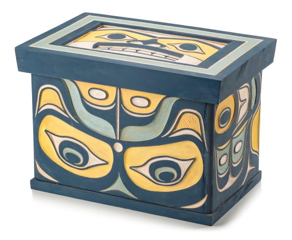 Lot 74 DON YEOMANS (1958-) HAIDA / MÉTIS, PRINCE RUPERT, B.C. Bent Corner Box with Lid, 2006 cedar wood and acrylic paint, 9.25 x 13.5 x 8.75 in (23.5 x 34.3 x 22.2 cm) ESTIMATE: $10,000 — $15,000 PRICE REALIZED: $8,540.00