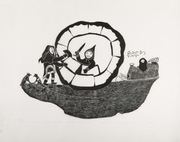 LEVI QUMALUK (1919-1997) PUVIRNITUQ (POVUNGNITUK) Building The Igloo, 1972 #26 stonecut, 24.5 x 31 in (62.2 x 78.7 cm)