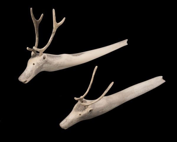 Lot 25 JACOB IRKOK (1937-2009) ARVIAT (ESKIMO POINT) Pair of Swimming Caribou, 2000s each antler, the larger: 5.5 x 13 x 3 (14 x 33 x 7.6 cm) / the smaller: 4.5 x 12.75 x 2 in (11.4 x 32.4 x 5.1 cm) ESTIMATE: $700 — $1,000 PRICE REALIZED: $671.00