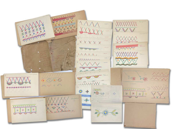 Lot 101 HAROLD SAMSON PFEIFFER (1908-1997) CANADIAN Embroidery Designs of Indigenous Communities in Canada, 1955/56-60 pencil and pencil crayon on papers, various sizes: 9 x 12.5 (22.9 x 31.8 cm) and smaller ESTIMATE: $300 — $500 Price realized: $2,280