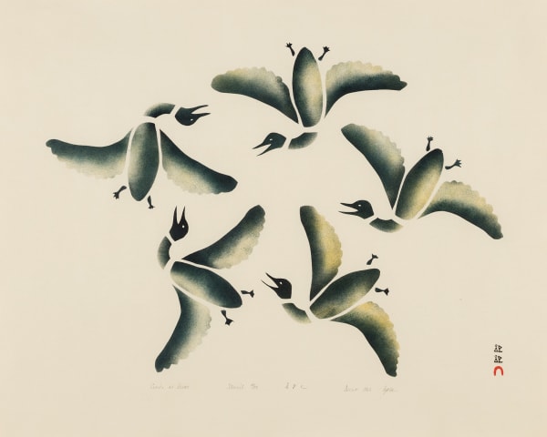 Lot 42 IYOLA KINGWATSIAK (1933-2000) KINNGAIT (CAPE DORSET) Circle of Birds, 1966 #65 stencil, 19.5 x 24 in (49.5 x 61 cm) ESTIMATE: $1,200 — $1,800 PRICE REALIZED: $960.00