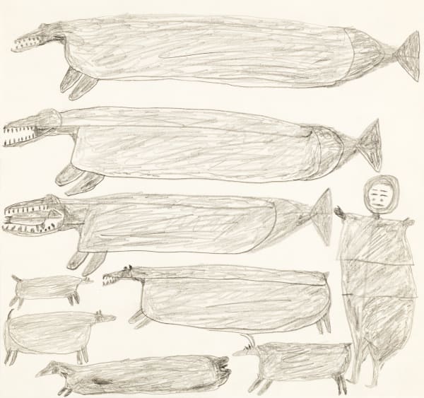 Lot 12 PARR (1893-1969) m., KINNGAIT (CAPE DORSET) Hunter with Animals, 1961 graphite drawing, 17 x 18 in (43.2 x 45.7 cm) ESTIMATE: $6,000 — $9,000 Price Realized: $6,600