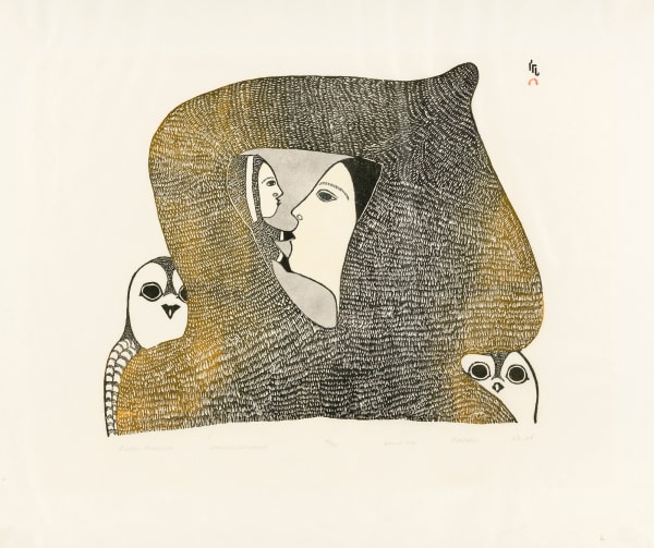Lot 14 PITALOOSIE SAILA, R.C.A. (1942-2021) KINNGAIT (CAPE DORSET) Arctic Madonna, 1980 #32 stonecut and stencil, 24 x 27.5 in (61 x 69.8 cm) ESTIMATE: $2,000 — $3,000 Price realized: $2,684.00