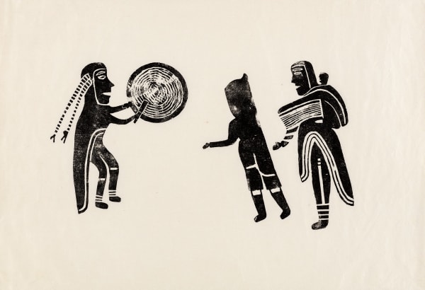 Lot 11 JESSIE OONARK, O.C., R.C.A (1906-1985) QAMANI'TUAQ (BAKER LAKE) The Drum Dance, c. 1965 (Experimental Print) linocut, 16.75 x 24.175 in (22.6 x 61.3 cm) ESTIMATE: $3,000 — $5,000 PRICE REALIZED: $5,040.00