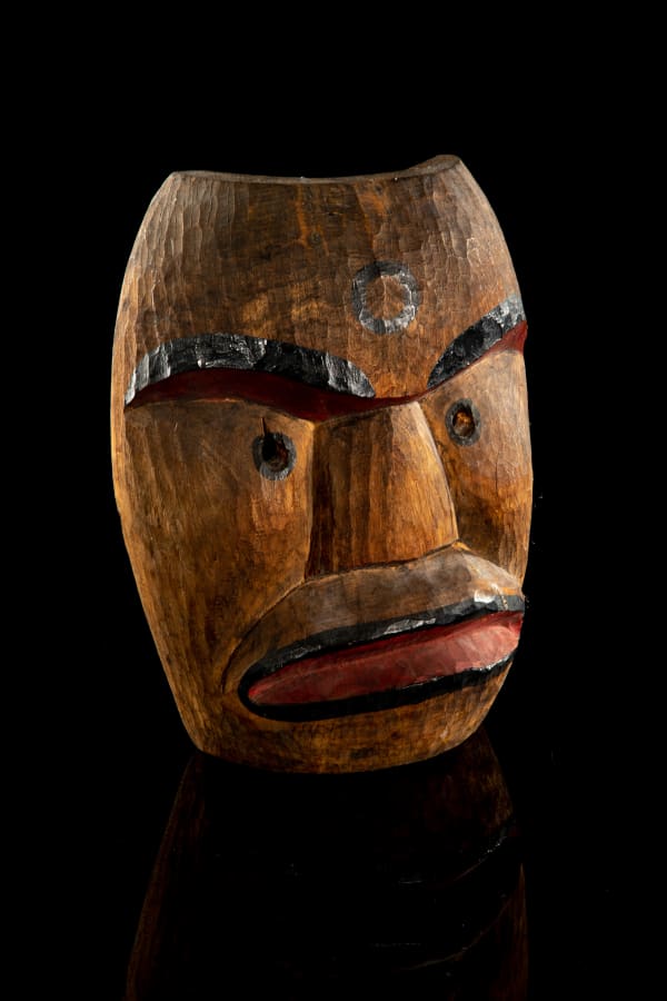 LOT 29 Attr: JIMMY JOHN (1876-1986) NUU-CHAH-NULTH Mask, c. 1940-60 carved and polychromed red cedar, 11.25 x 8.25 x 4 in (28.6 x 21 x 10.2 cm) ESTIMATE: $400 — $600