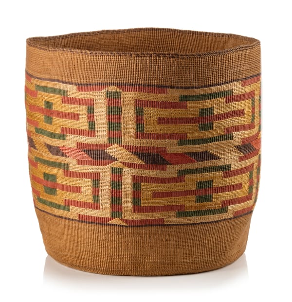 Lot 42 UNIDENTIFIED TLINGIT ARTIST Basket, c. 1900 spruce root, natural and dyed bear grass, 11 x 11.5 x 10 in (27.9 x 29.2 x 25.4 cm) ESTIMATE: $2,500 — $3,500 PRICE REALIZED: $6,600.00
