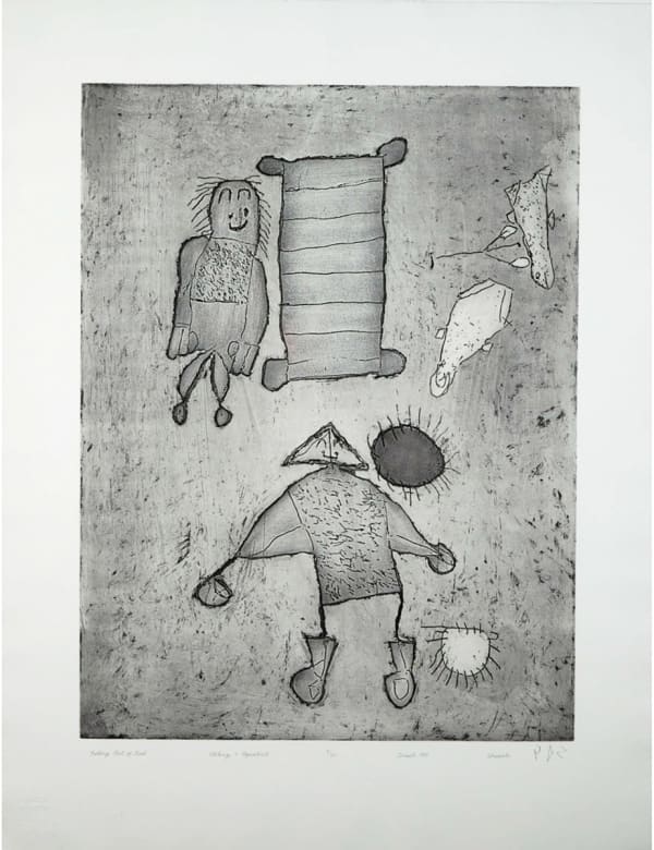 SHEOJUK ETIDLOOIE (1932-1999) KINNGAIT (CAPE DORSET) Falling out of Bed, 1999 (Special Release) Printmaker: STUDIO PM, Montreal etching and aquatint, 41 x 31.5 in (104.1 x 80 cm) 7/20