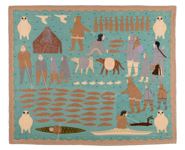 Lot 101 MIRIAM NANURLUQ QIYUK (1933-2016) QAMANI'TUAQ (BAKER LAKE) Spring Camp, 1988 stroud, felt, embroidery floss, and cotton thread, 48 x 57 in (121.9 x 144.8 cm) ESTIMATE: $8,000 — $12,000 PRICE REALIZED: $15,600.00 A world record for a work on cloth by the artist at auction