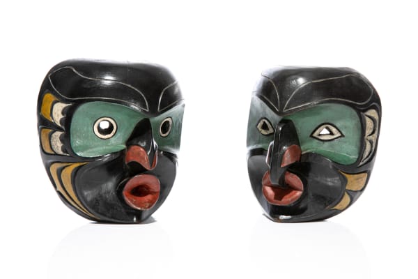 Lot 44 LLOYD WADHAMS SR. (1938 - 1992) TLAWITSIS (KALUGWIS) Wild Woman ( (Dzoonakwa) and Man Masks, late 1960s each polychromed cedar wood, each 5.5 x 4.75 x 3.75 in (14 x 12.1 x 9.5 cm) PRICE REALIZED: $738.00