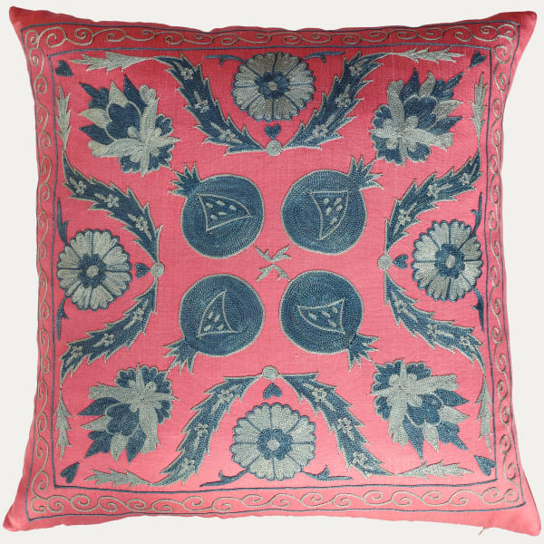 Unique Suzani Cushion with Silk Hand Embroidered Floral Motifs on Pink Silk & Cotton Base Cloth