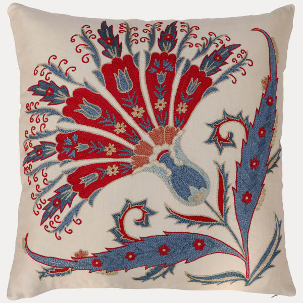 Unique Suzani Cushion with Silk Hand Embroidered Ottoman Motifs on Silk & Cotton Base Cloth