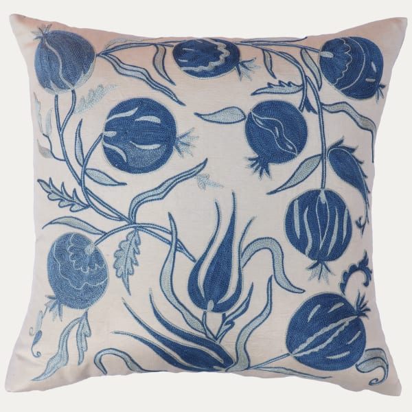 Unique Suzani Cushion with Silk Hand Embroidered Pomegranate Motifs on Silk & Cotton Base Cloth