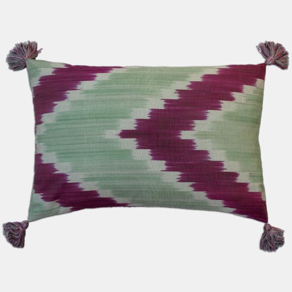 Celadon and Purple Chevron Silk Cotton Cushion with Matching Tassels