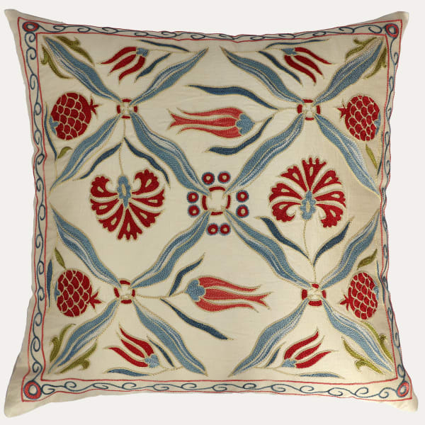 Unique Suzani Cushion with Silk Hand Embroidered Floral Motifs on Silk & Cotton Base Cloth
