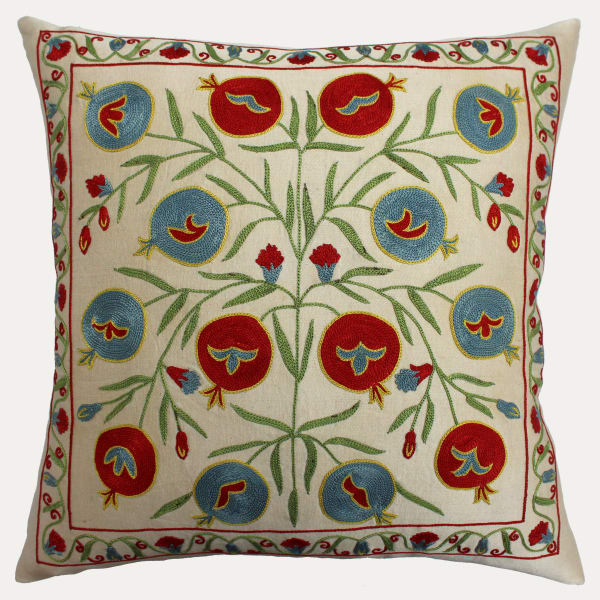 Suzani Hand Embroidered Silk Cushion with Feather & Down Pad