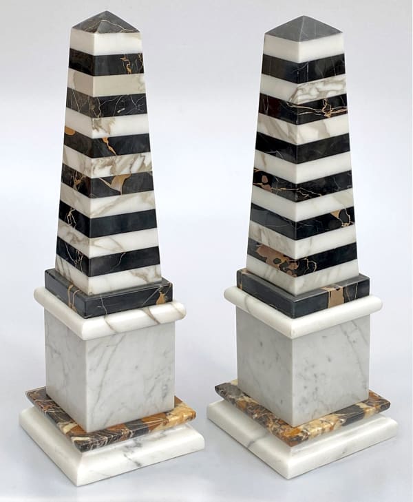 Pair of 16" Small Obelisks Nero Portoro and Calacatta Borghini Obelisks