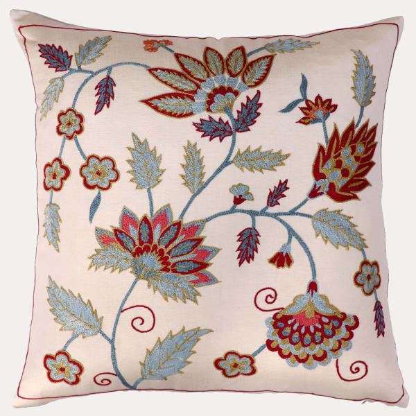 Unique Suzani Cushion with Silk Hand Embroidered Floral Motifs on Silk & Cotton Base Cloth