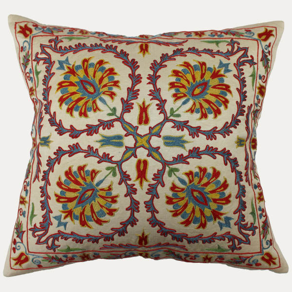 Suzani Hand Embroidered Silk Cushion with Feather & Down Pad